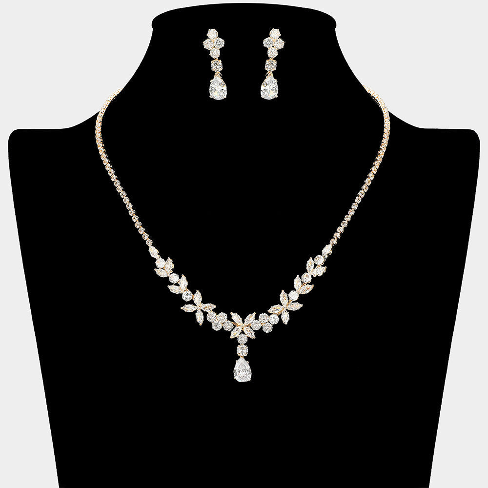 Madeline Love Clear, Gold Teardrop Marquise Floral CZ Stone Link Rhinestone Paved Necklace - Jewelry