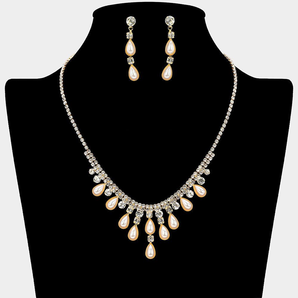 Madeline Love Cream, Gold Teardrop Pearl Embellished Square Rhinestone Paved Necklace - Jewelry