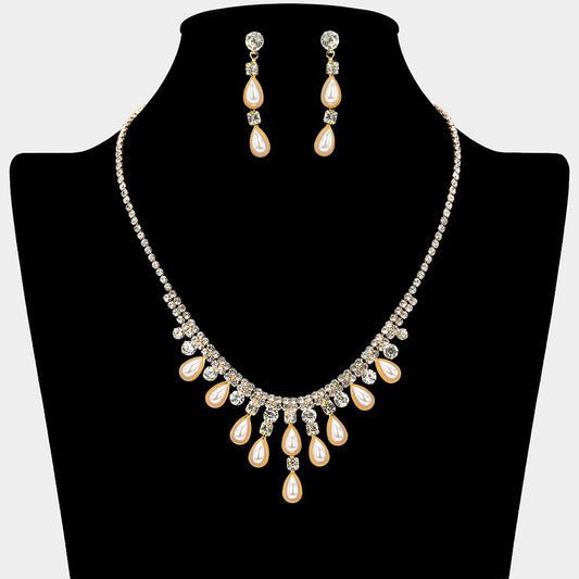 Madeline Love Cream, Gold Teardrop Pearl Embellished Square Rhinestone Paved Necklace - Jewelry
