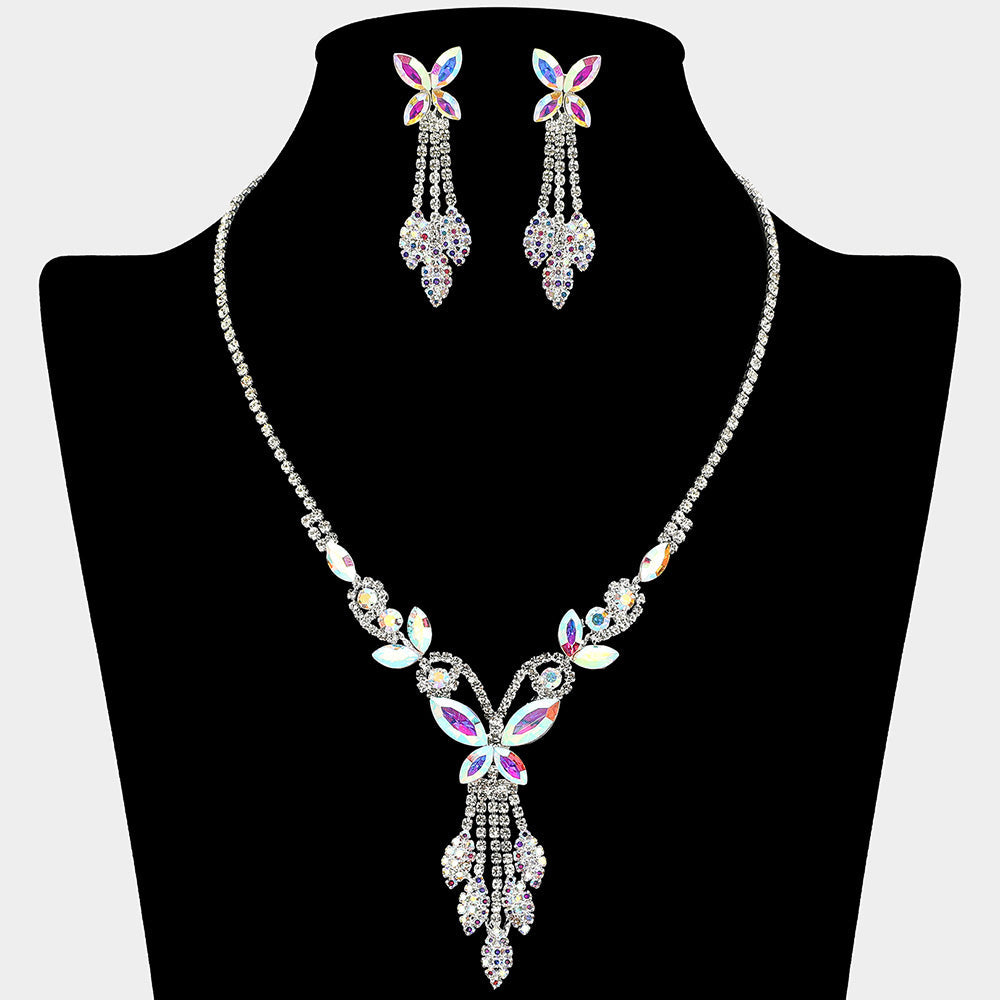 Madeline Love AB, Silver Marquise Stone Cluster Butterfly Drop Accent Rhinestone Paved Necklace - Jewelry
