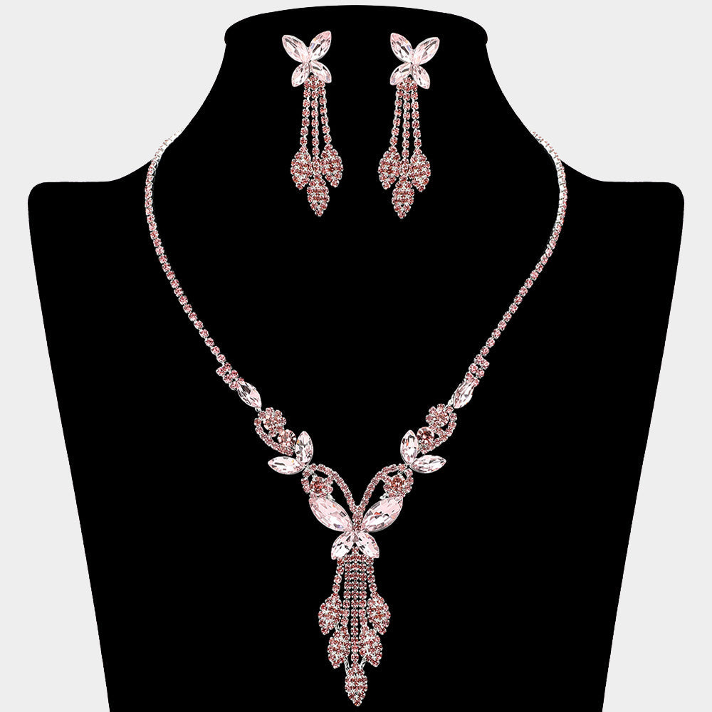 Madeline Love Lt Rose, Silver Marquise Stone Cluster Butterfly Drop Accent Rhinestone Paved Necklace - Jewelry
