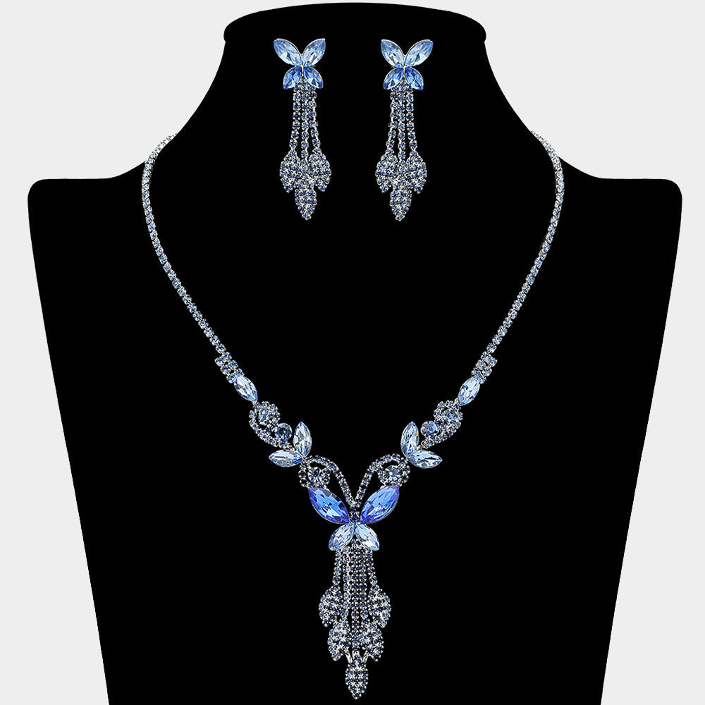 Madeline Love Light, Sapphire, Silver Marquise Stone Cluster Butterfly Drop Accent Rhinestone Paved Necklace - Jewelry