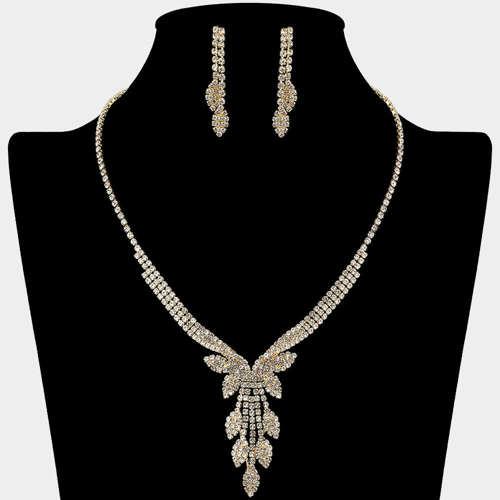 Madeline Love Clear, Gold Rhinestone Paved Marquise Leaf Drop Necklace - Jewelry