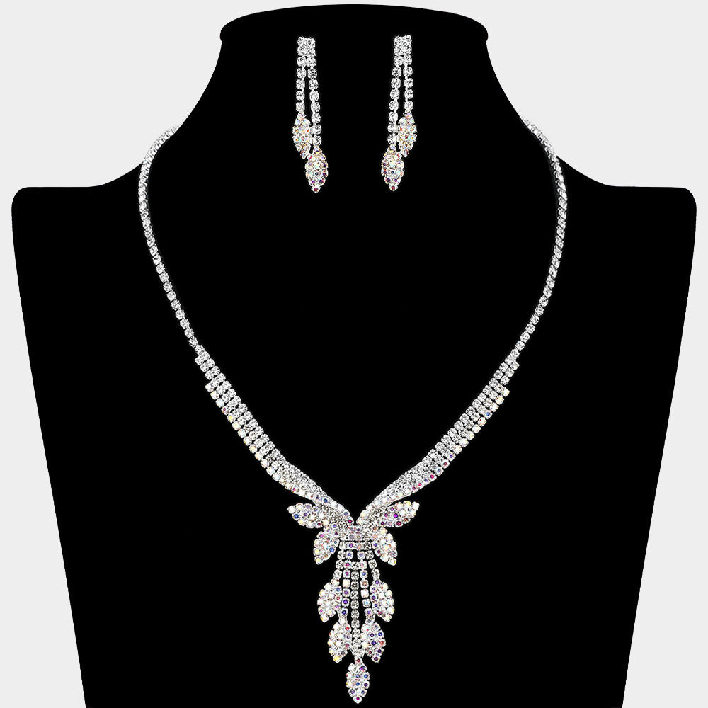 Madeline Love AB, Silver Rhinestone Paved Marquise Leaf Drop Necklace - Jewelry