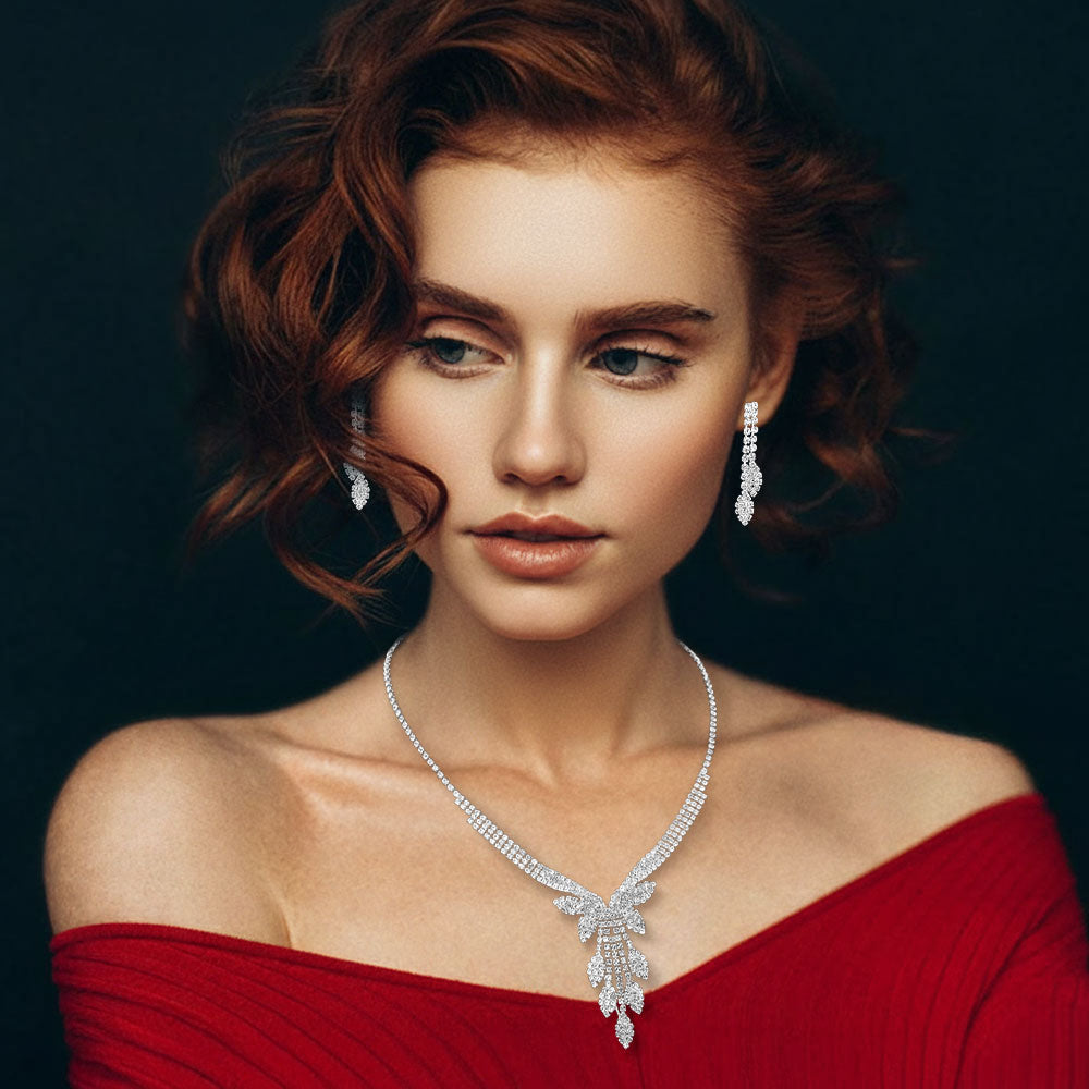 Madeline Love Clear, Silver Rhinestone Paved Marquise Leaf Drop Necklace - Jewelry