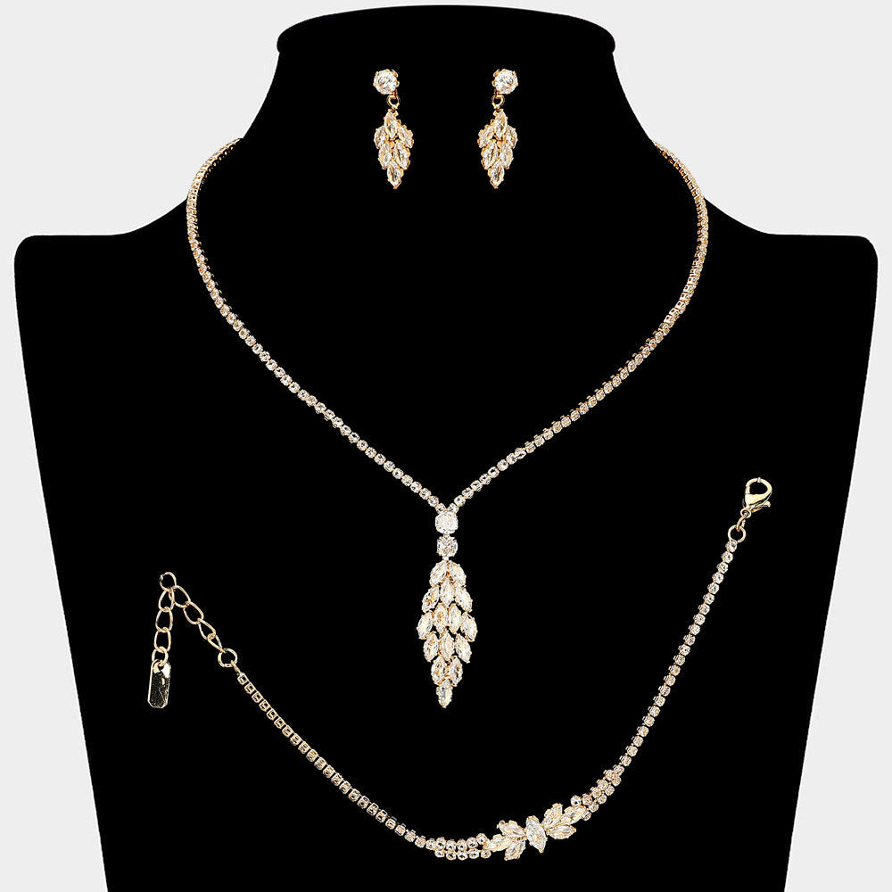 Madeline Love Clear, Gold Marquise CZ Stone Cluster Chandelier Pendant Accent Rhinestone Paved Jewelry Set