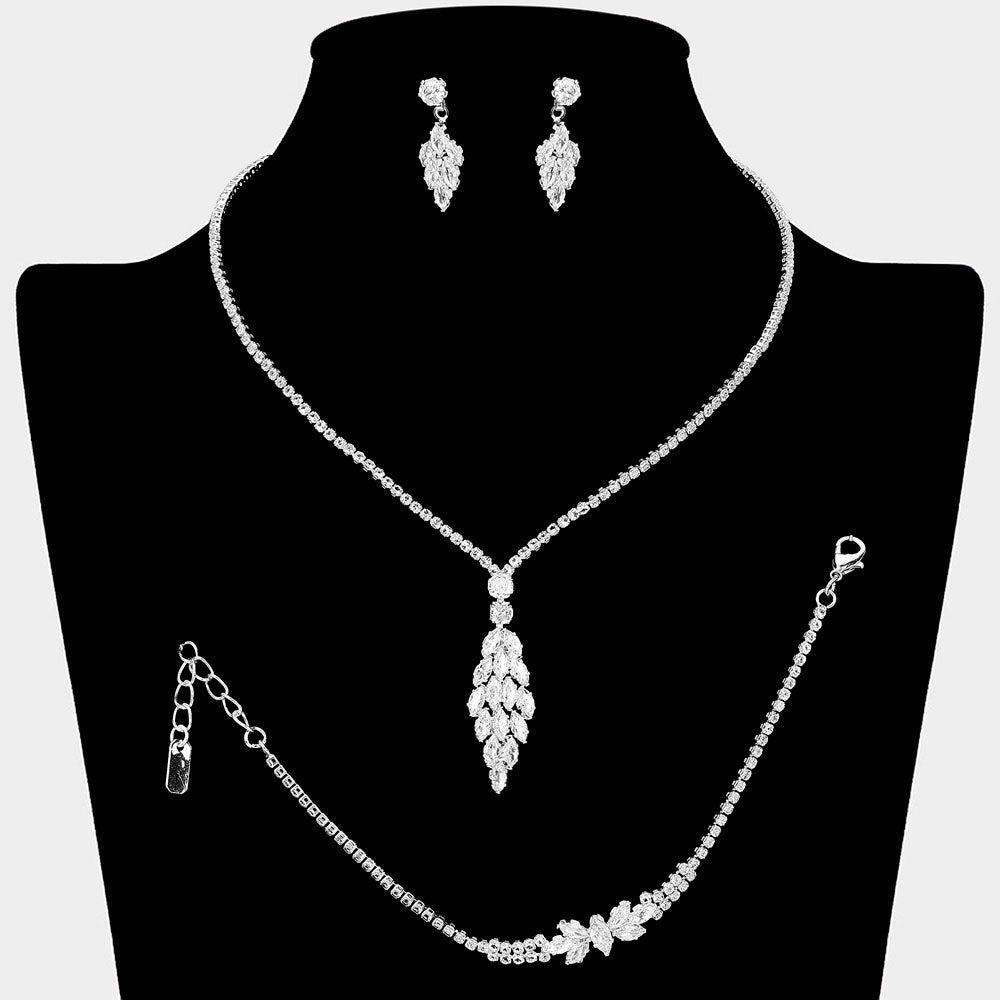 Madeline Love Clear, Silver Marquise CZ Stone Cluster Chandelier Pendant Accent Rhinestone Paved Jewelry Set