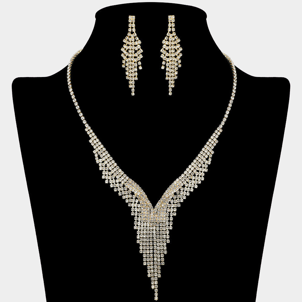 Madeline Love Clear, Gold Rhinestone Paved Waterfall Fringe V Shaped Necklace - Jewelry