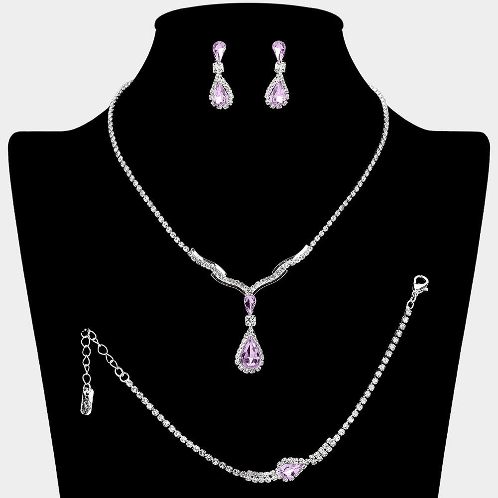 Madeline Love Amethyst , Silver Teardrop Stone Pendant Accent Rhinestone Paved Jewelry Set