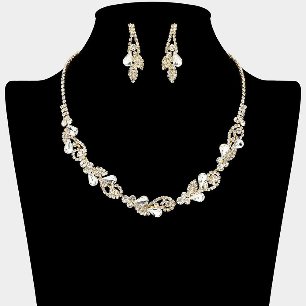 Madeline Love Clear, Gold Teardrop Cluster Rhinestone Paved Leaf Necklace - Jewelry