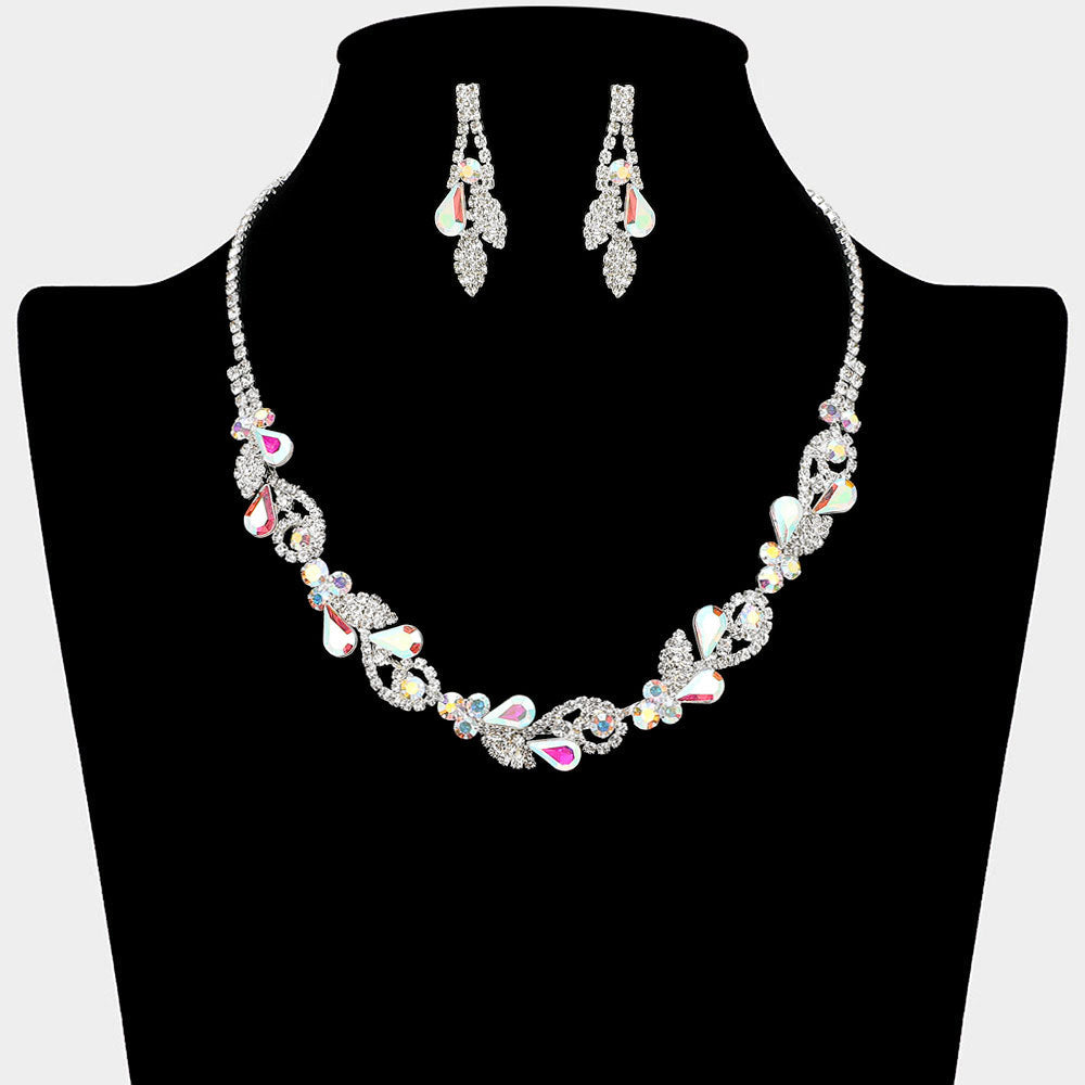 Madeline Love AB, Silver Teardrop Cluster Rhinestone Paved Leaf Necklace - Jewelry