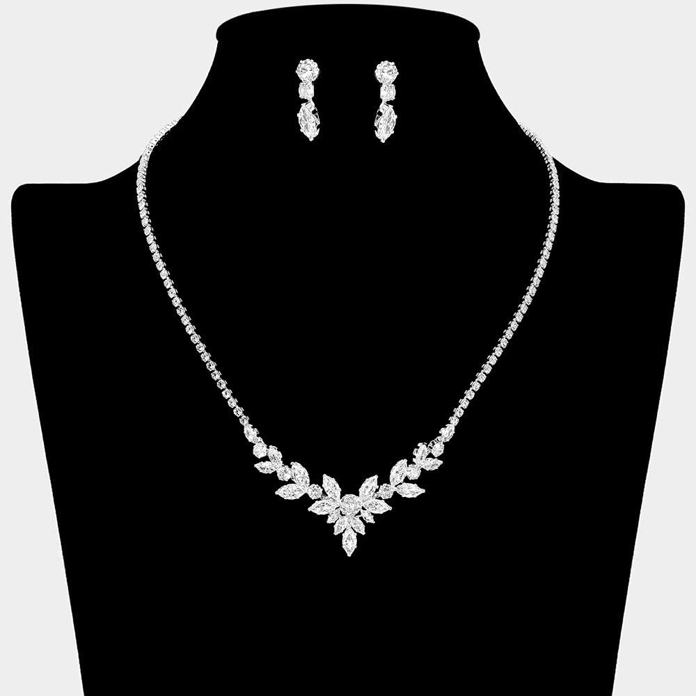 Madeline Love Clear, Silver Marquise CZ Stone Cluster Accent Rhinestone Necklace - Jewelry