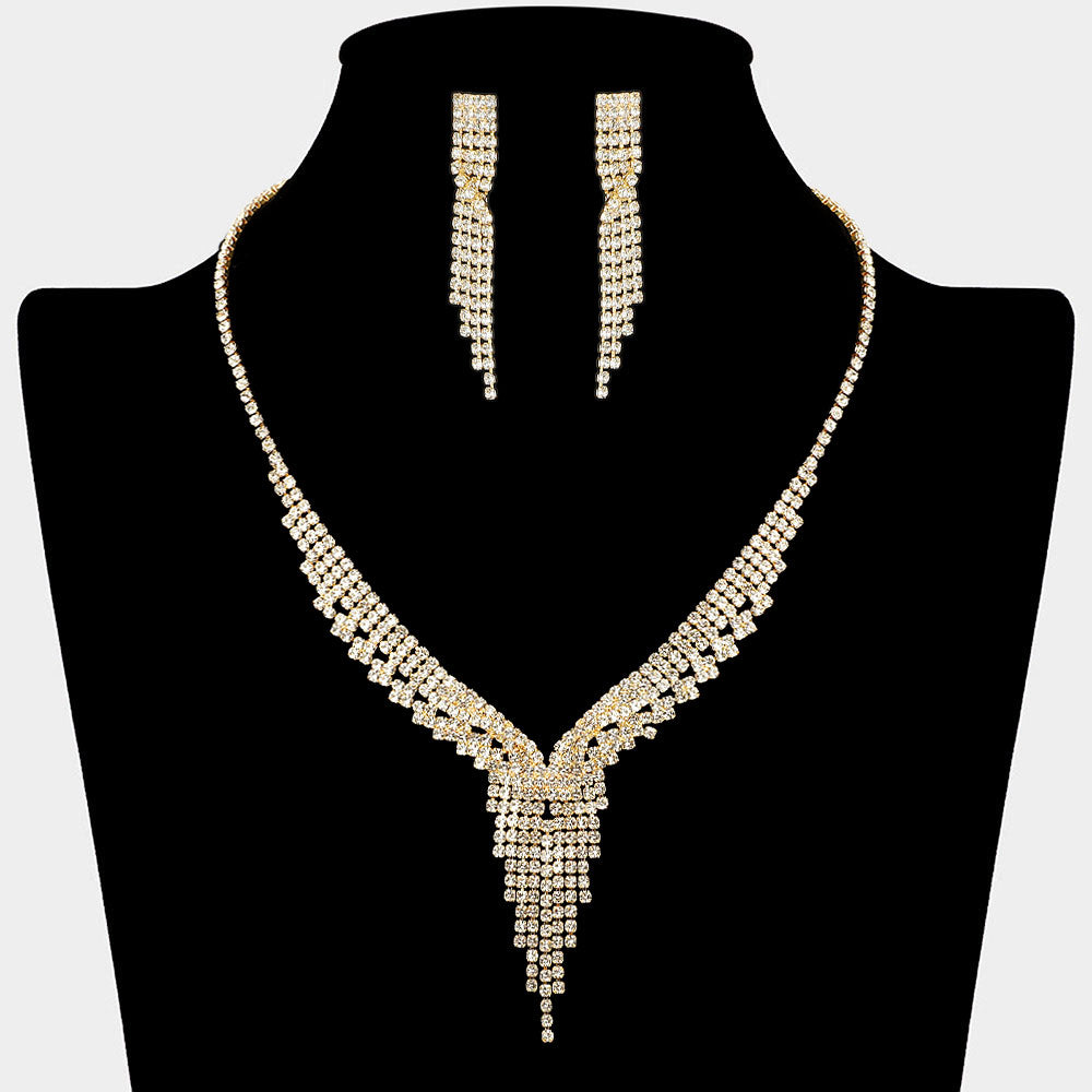 Madeline Love Clear, Gold Rhinestone Paved Fringe Accent V Shaped Necklace - Jewelry