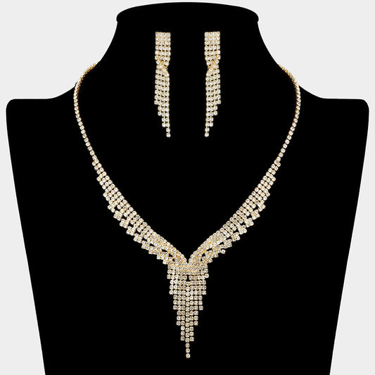 Madeline Love Clear, Gold Rhinestone Paved Fringe Accent V Shaped Necklace - Jewelry