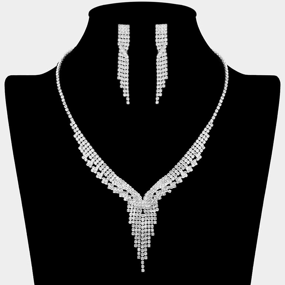 Madeline Love Clear, Silver Rhinestone Paved Fringe Accent V Shaped Necklace - Jewelry