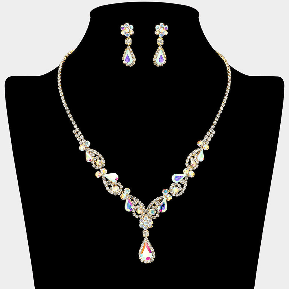 Madeline Love AB, Gold Teardrop Stone Cluster Accent Rhinestone Paved Y Shape Necklace - Jewelry