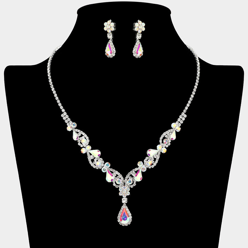 Madeline Love AB, Silver Teardrop Stone Cluster Accent Rhinestone Paved Y Shape Necklace - Jewelry