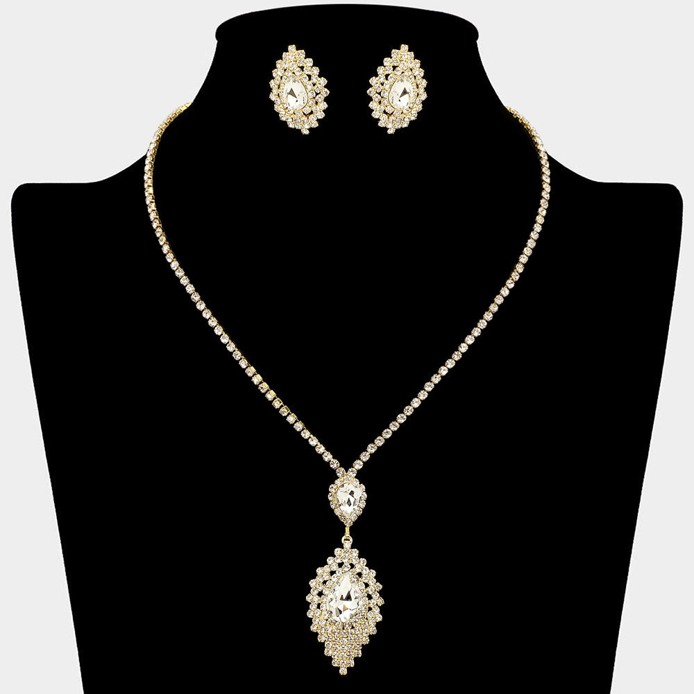 Madeline Love Clear, Gold Teardrop Stone Center Rhinestone Paved Pendant Accent Necklace - Jewelry