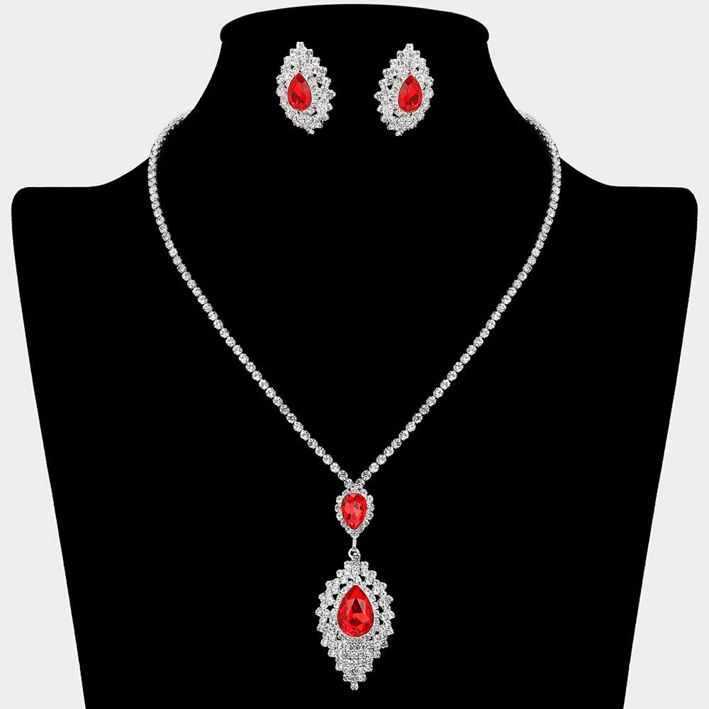 Madeline Love Red, Silver Teardrop Stone Center Rhinestone Paved Pendant Accent Necklace - Jewelry