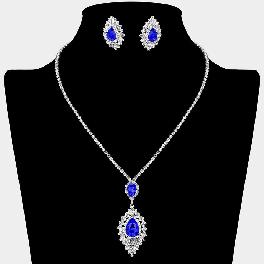 Madeline Love Sapphire, Silver Teardrop Stone Center Rhinestone Paved Pendant Accent Necklace - Jewelry