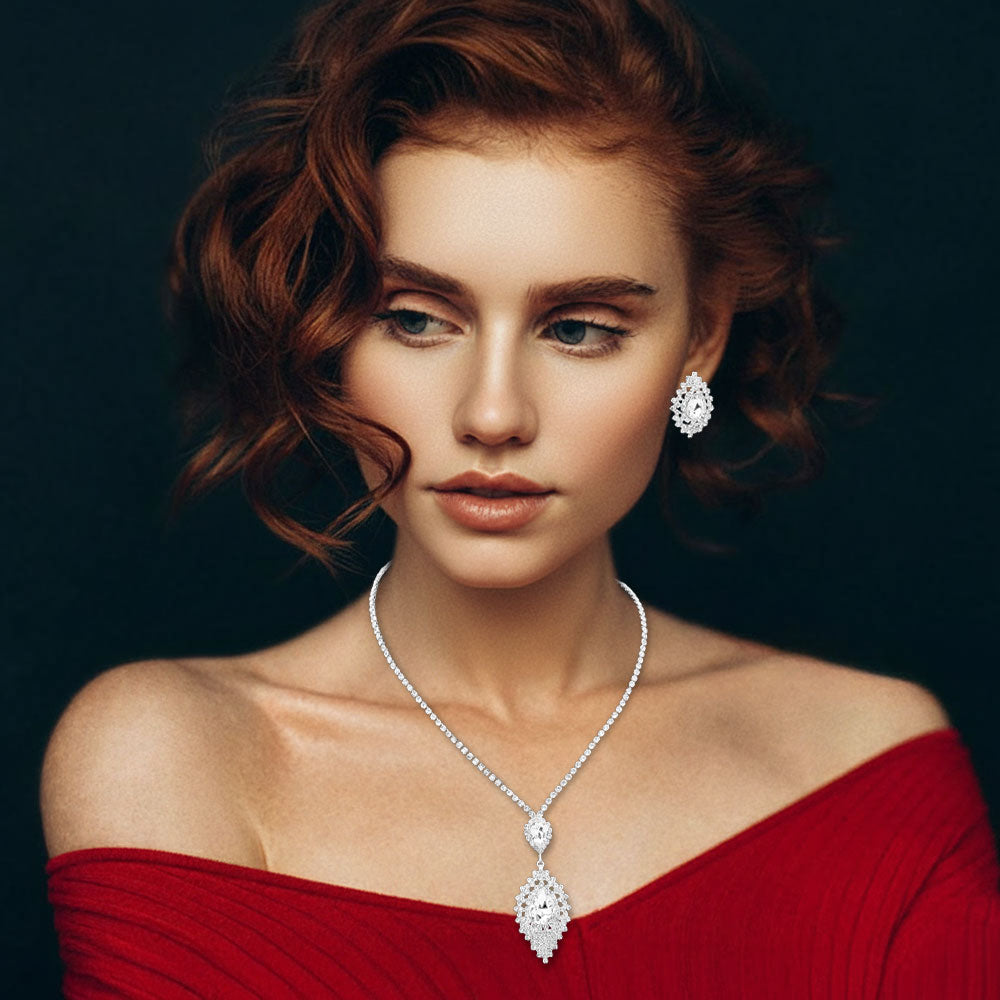 Madeline Love Clear, Silver Teardrop Stone Center Rhinestone Paved Pendant Accent Necklace - Jewelry