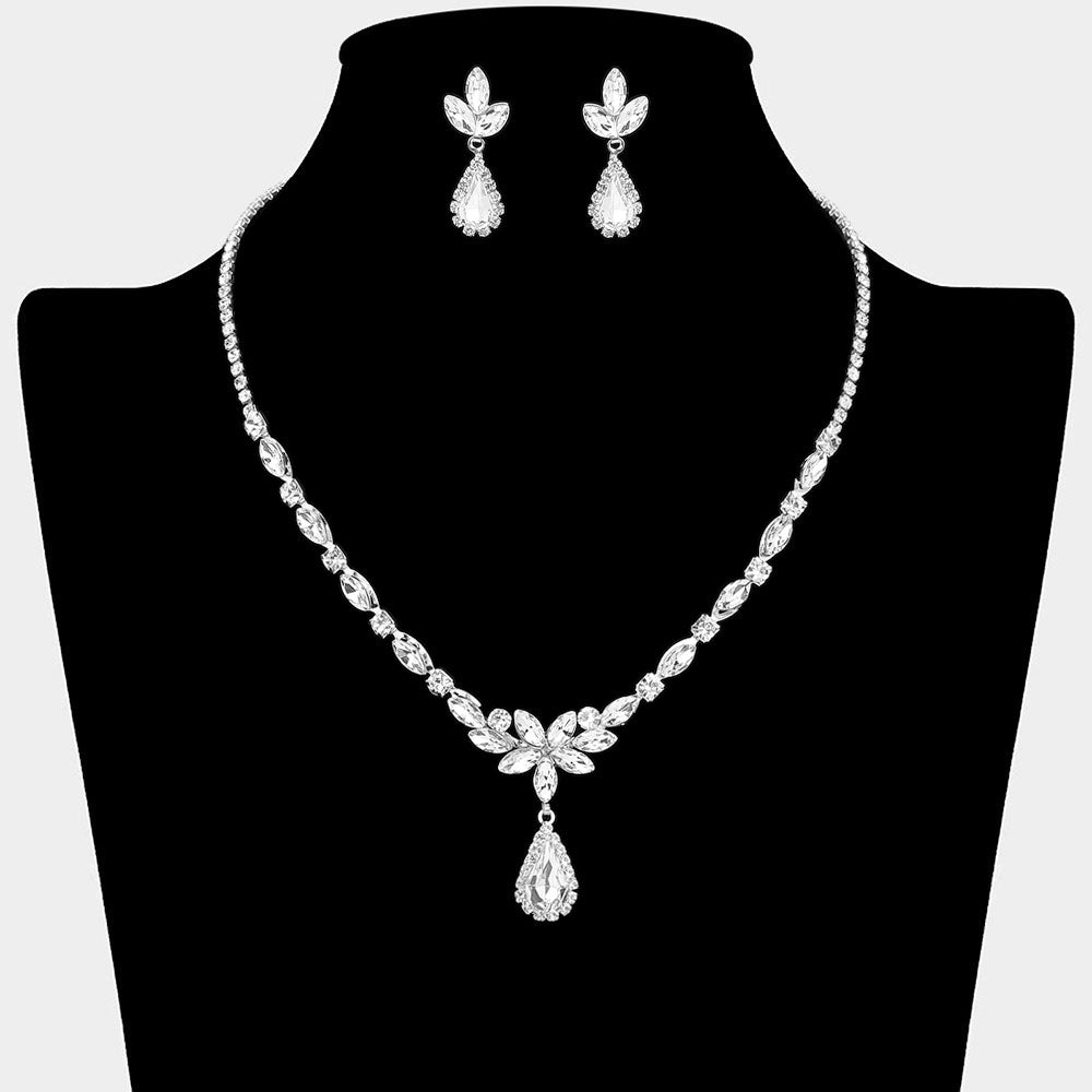 Madeline Love Clear, Silver Teardrop Stone Cluster Pendant Accent Marquise Floral Rhinestone Paved Necklace - Jewelry