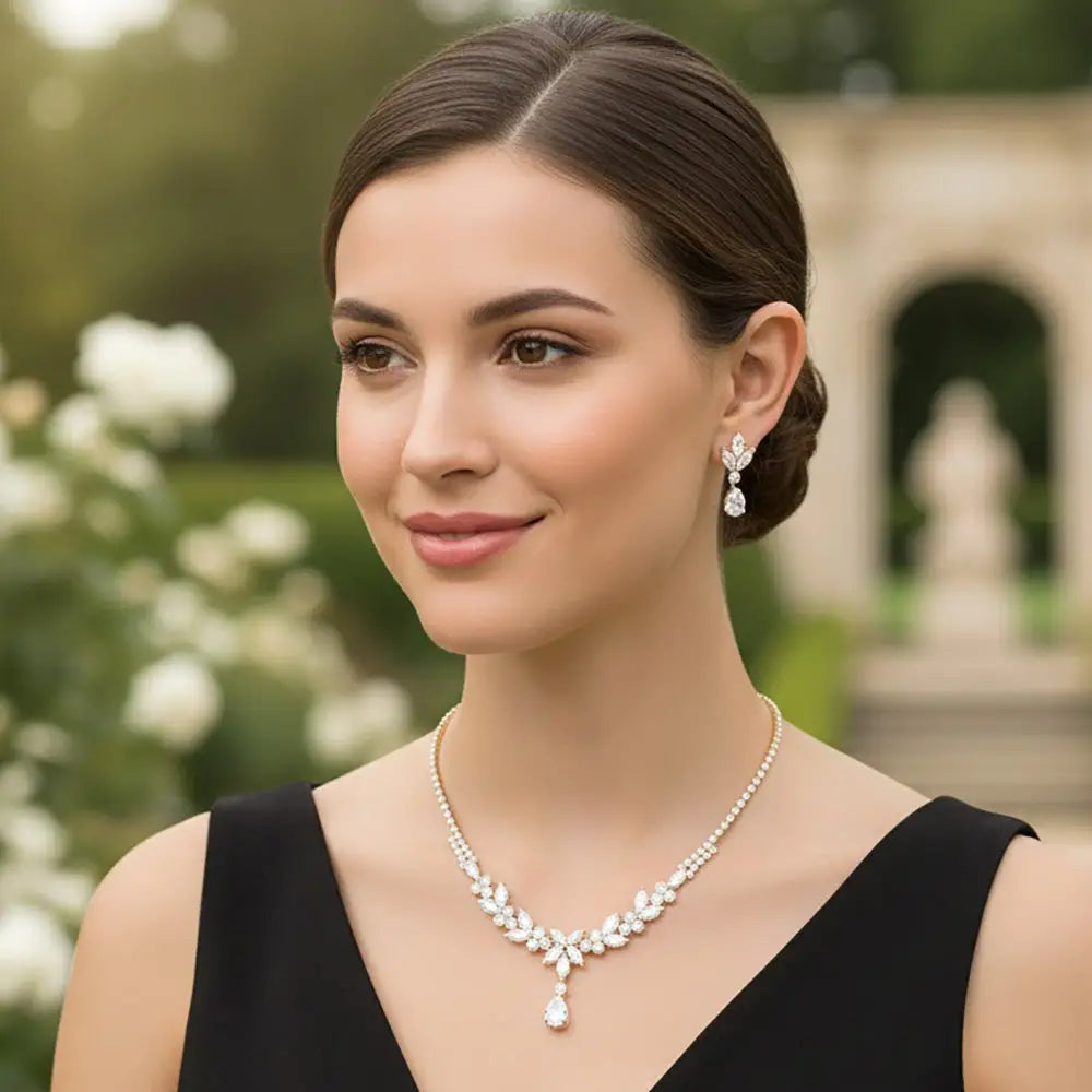 Madeline Love Clear, Gold Teardrop CZ Stone Cluster Drop Floral Rhinestone Paved Necklace - Jewelry