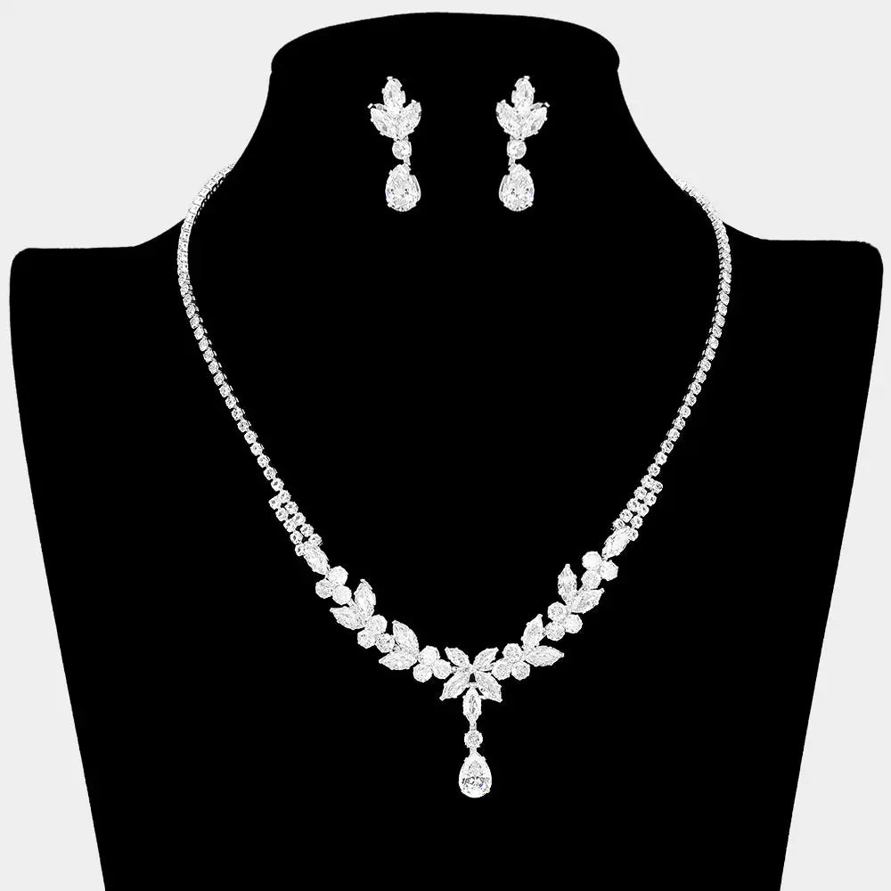 Madeline Love Clear, Silver Teardrop CZ Stone Cluster Drop Floral Rhinestone Paved Necklace - Jewelry