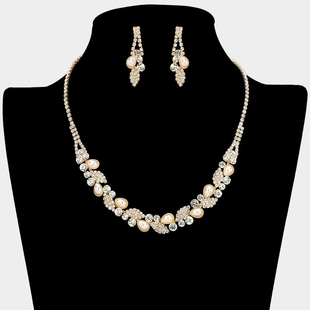Madeline Love Cream, Gold Radiant Teardrop Pearl Accent Rhinestone Paved Necklace - Jewelry