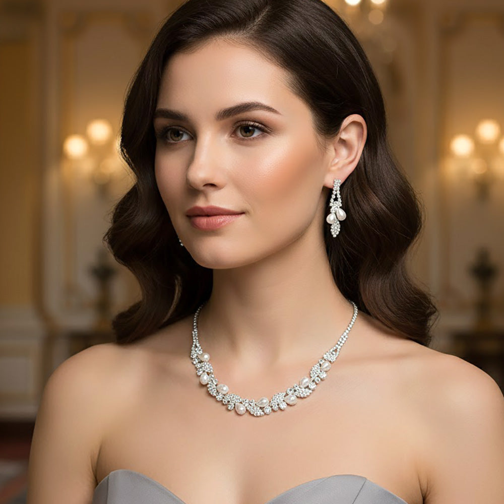 Madeline Love Silver, White Radiant Teardrop Pearl Accent Rhinestone Paved Necklace - Jewelry