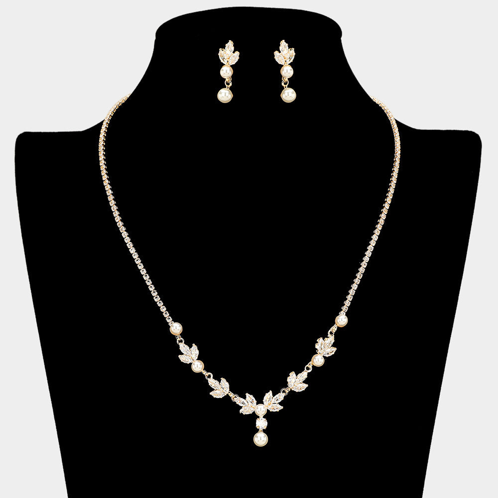 Madeline Love Cream, Gold Elegant Marquise CZ Stone Cluster Pearl Accent Rhinestone Paved Necklace - Jewelry