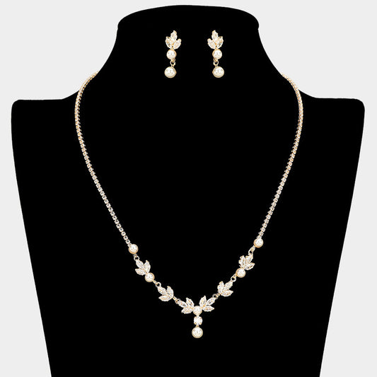 Madeline Love Cream, Gold Elegant Marquise CZ Stone Cluster Pearl Accent Rhinestone Paved Necklace - Jewelry