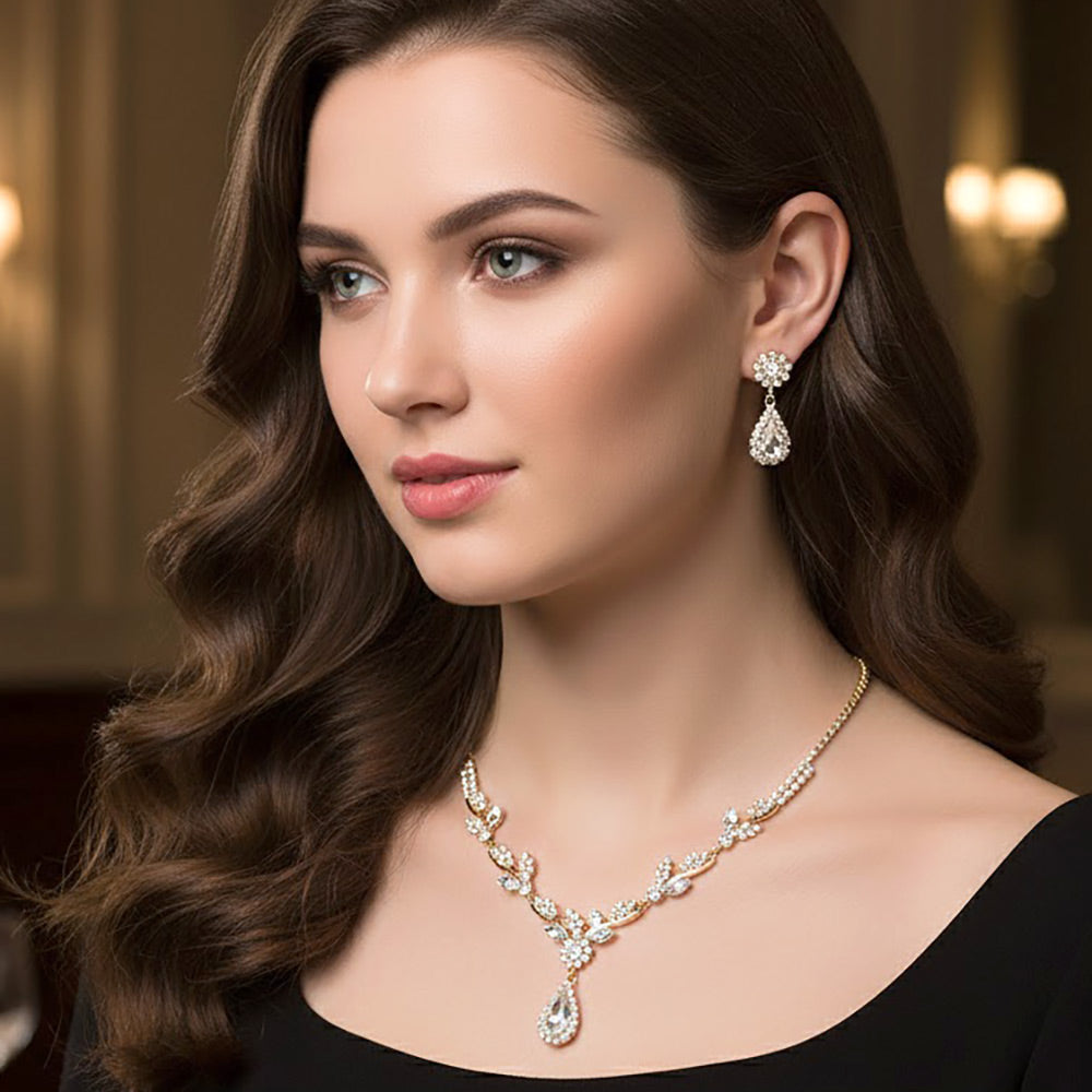 Madeline Love Clear, Gold Teardrop Stone Cluster Accent Rhinestone Leaf Branch Necklace - Jewelry
