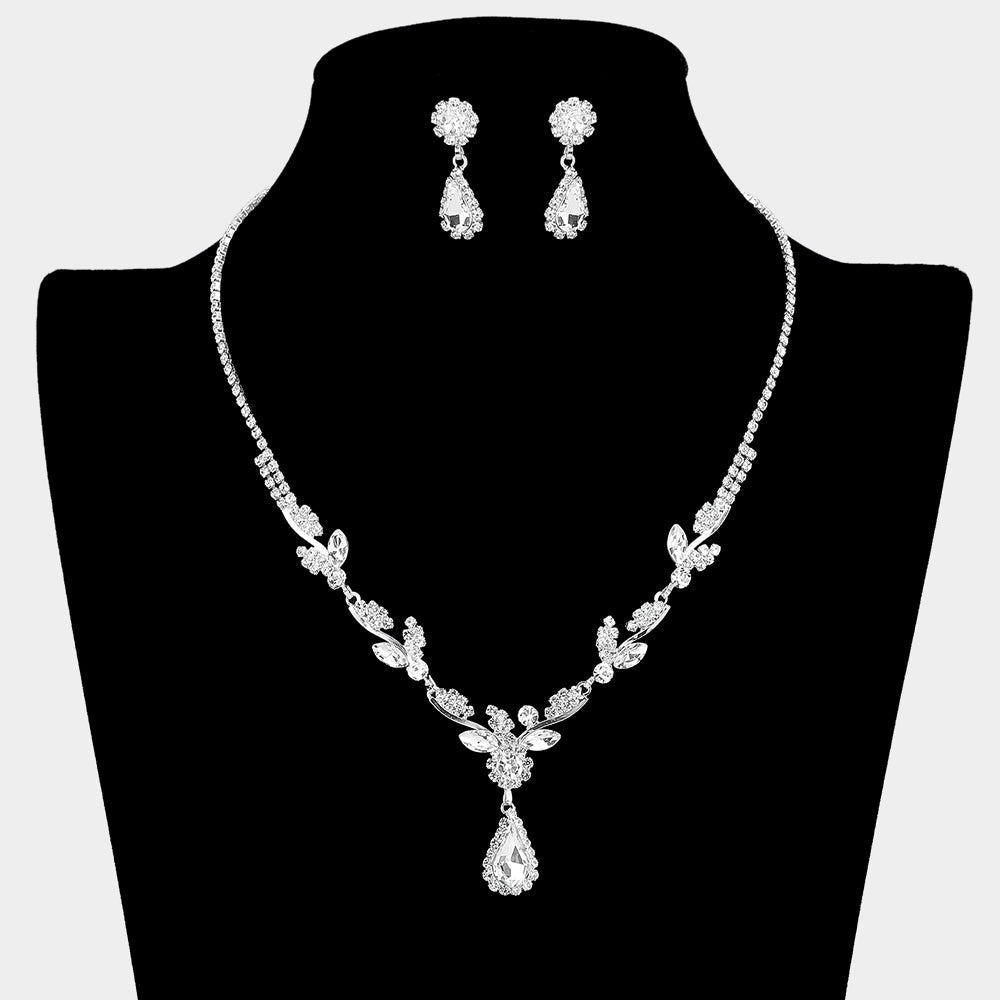Madeline Love Clear, Silver Teardrop Stone Cluster Accent Rhinestone Leaf Branch Necklace - Jewelry