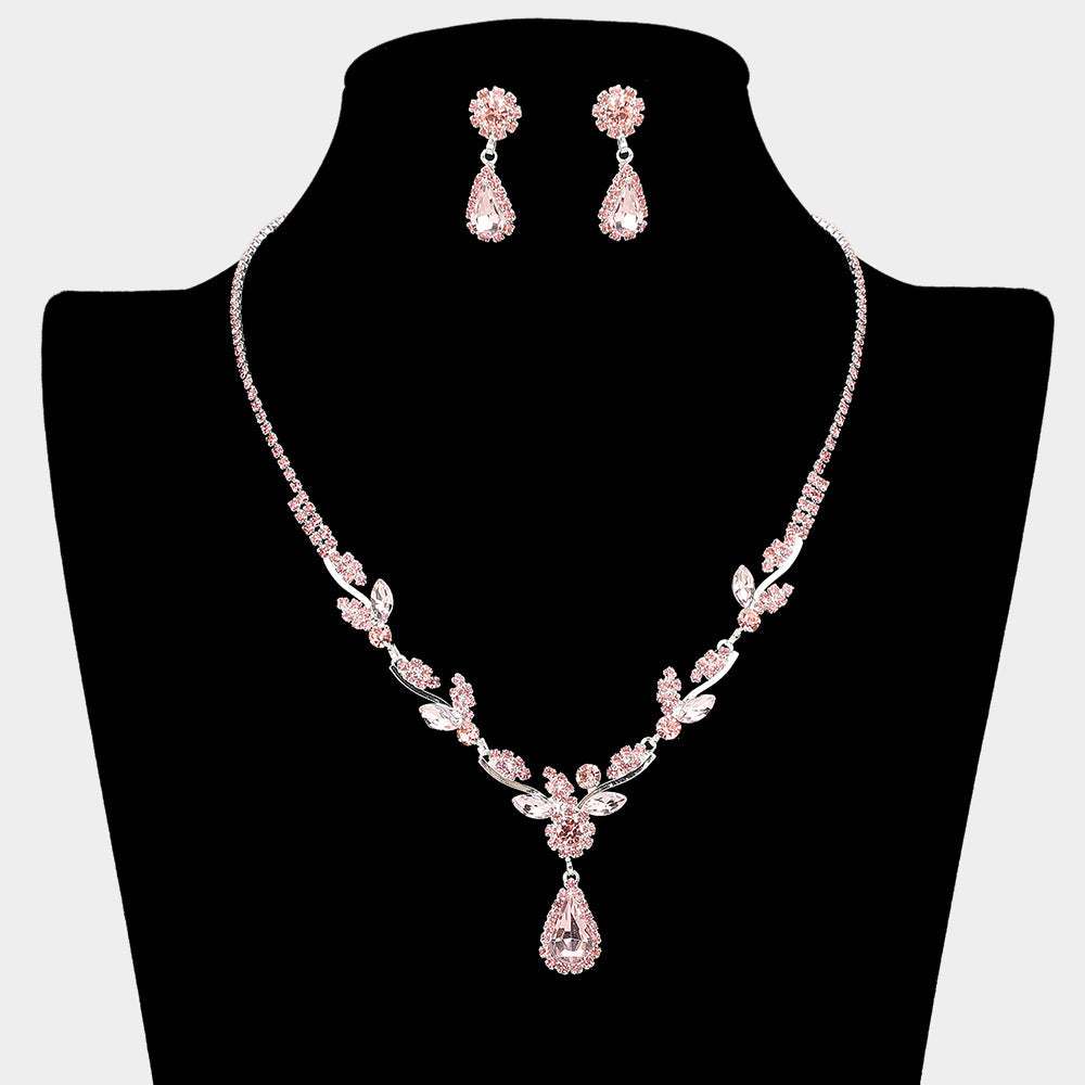 Madeline Love Light, Rose, Silver Teardrop Stone Cluster Accent Rhinestone Leaf Branch Necklace - Jewelry