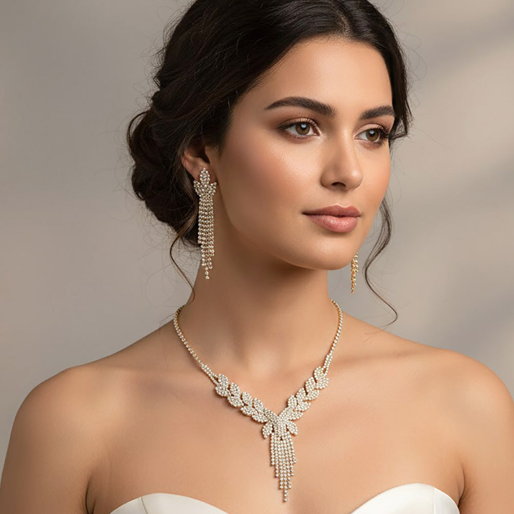 Madeline Love Clear, Gold Rhinestone Paved Leaf Cascade Necklace - Jewelry