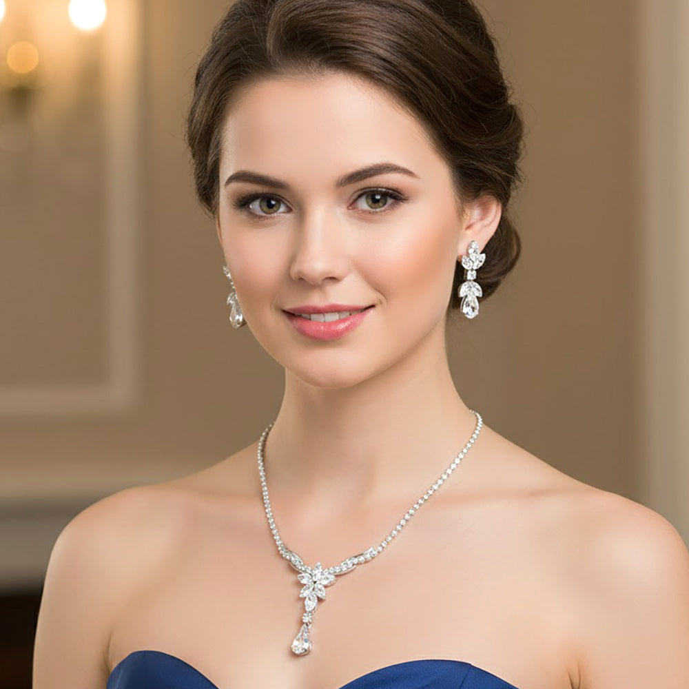 Madeline Love Clear, Silver Floral Stone Cluster Accent Rhinestone Paved Necklace - Jewelry