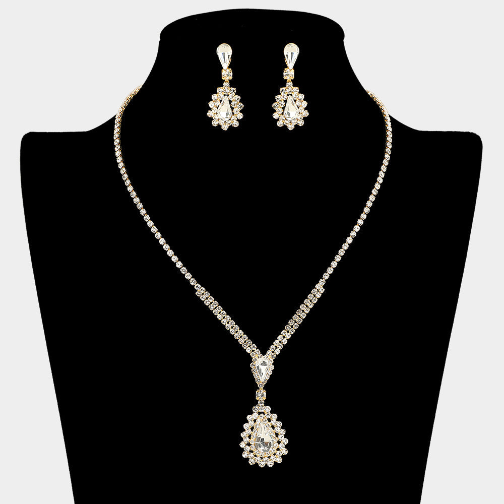 Madeline Love Clear, Gold Teardrop Stone Cluster Pendant Rhinestone Paved Necklace - Jewelry