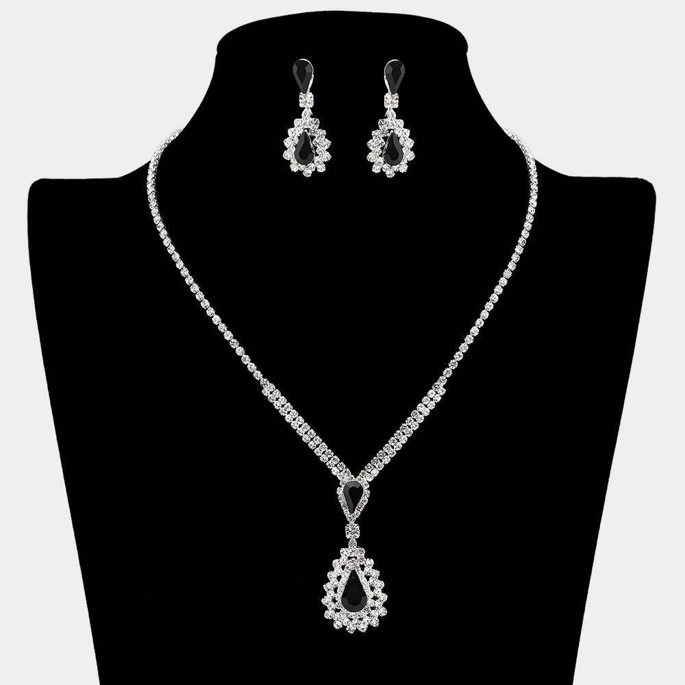 Madeline Love Black, Silver Teardrop Stone Cluster Pendant Rhinestone Paved Necklace - Jewelry