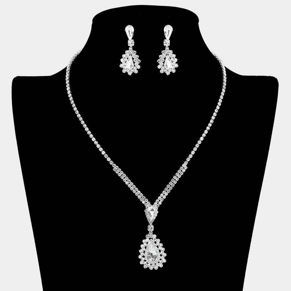 Madeline Love Clear, Silver Teardrop Stone Cluster Pendant Rhinestone Paved Necklace - Jewelry