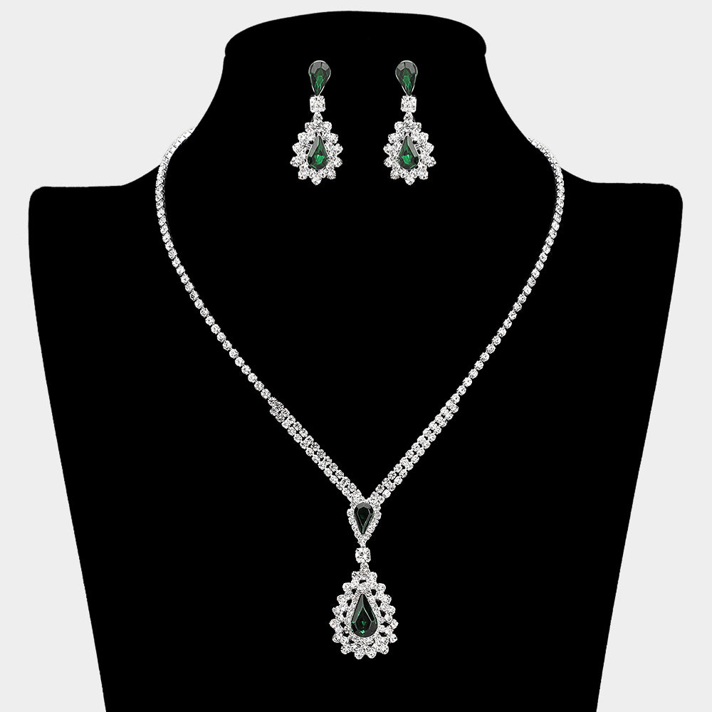 Madeline Love Emerald, Silver Teardrop Stone Cluster Pendant Rhinestone Paved Necklace - Jewelry