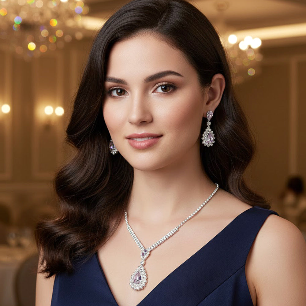 Madeline Love Amethyst , Silver Teardrop Stone Cluster Pendant Rhinestone Paved Necklace - Jewelry
