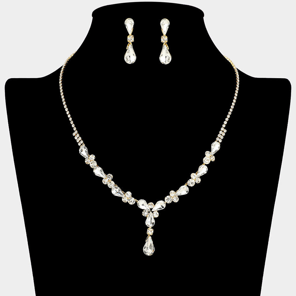 Madeline Love Clear, Gold Teardrop Round Stone Cluster Embellished Rhinestone Paved Necklace - Jewelry