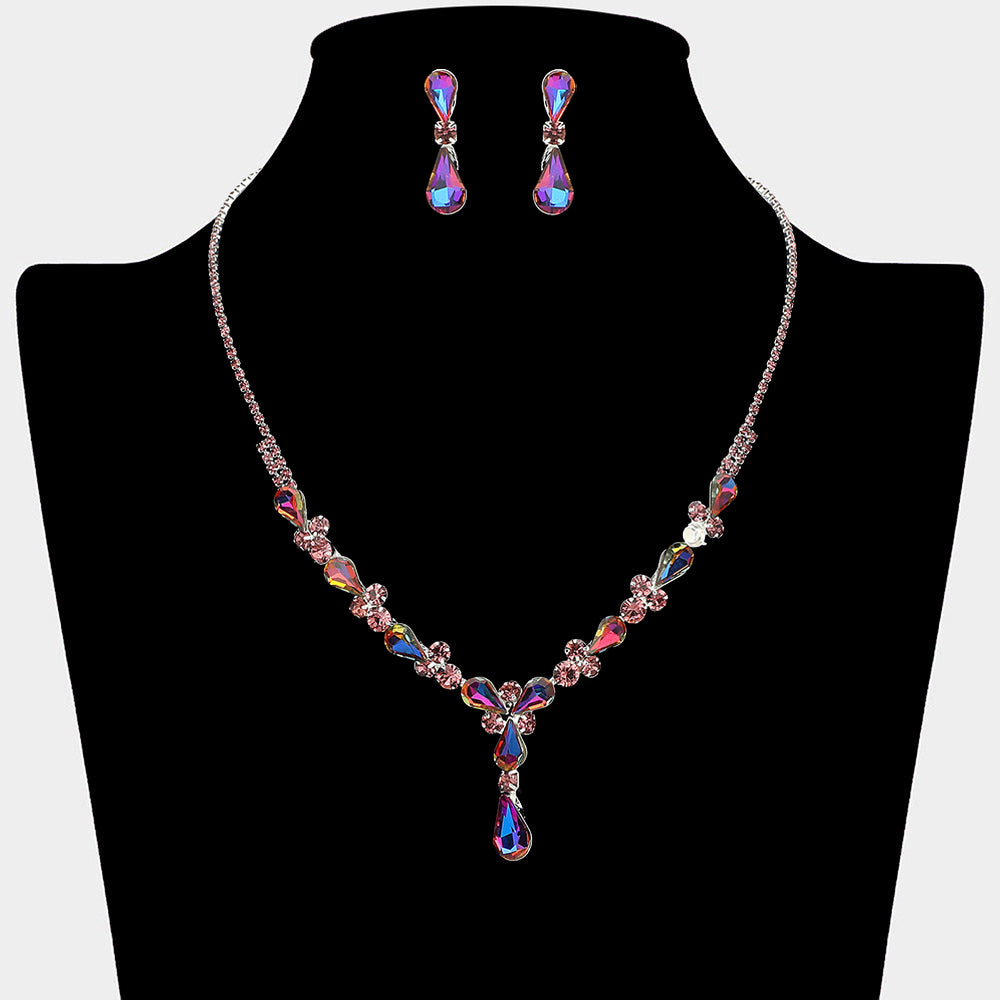 Madeline Love Purple , Silver Teardrop Round Stone Cluster Embellished Rhinestone Paved Necklace - Jewelry