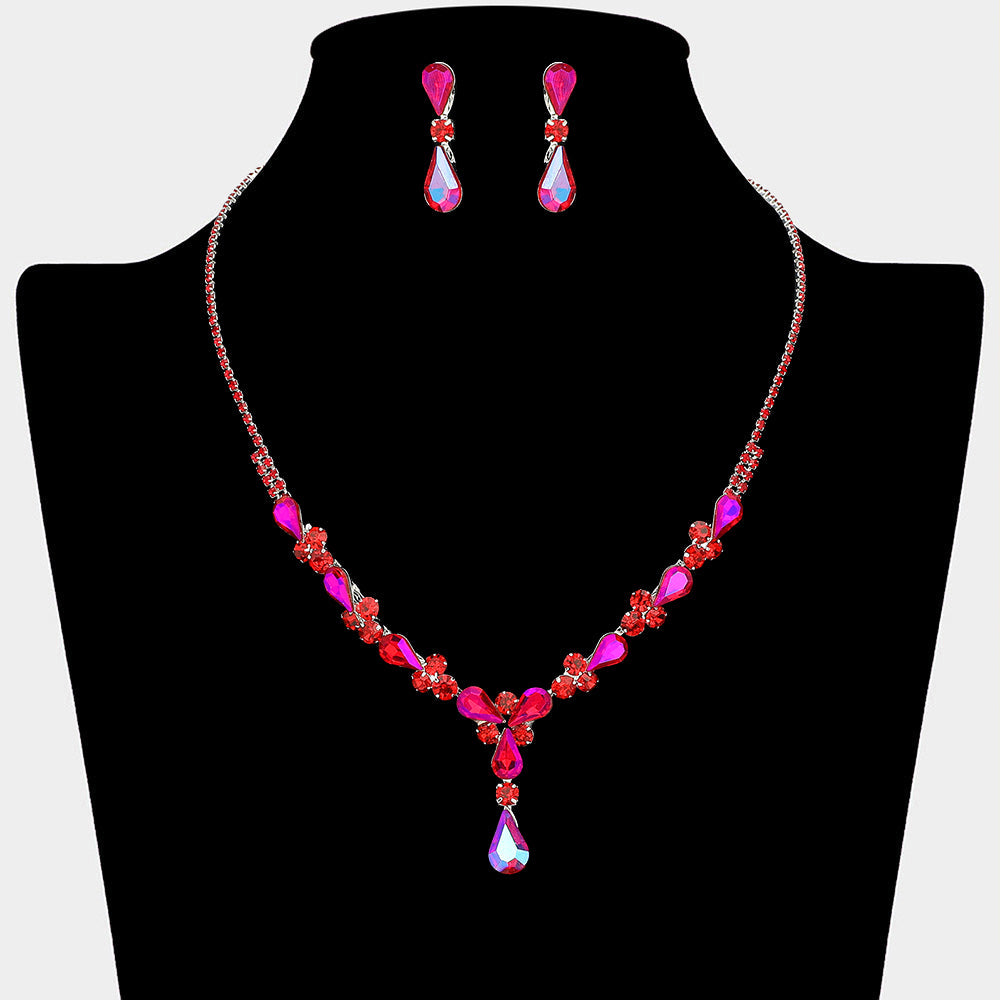 Madeline Love Red, Silver Teardrop Round Stone Cluster Embellished Rhinestone Paved Necklace - Jewelry