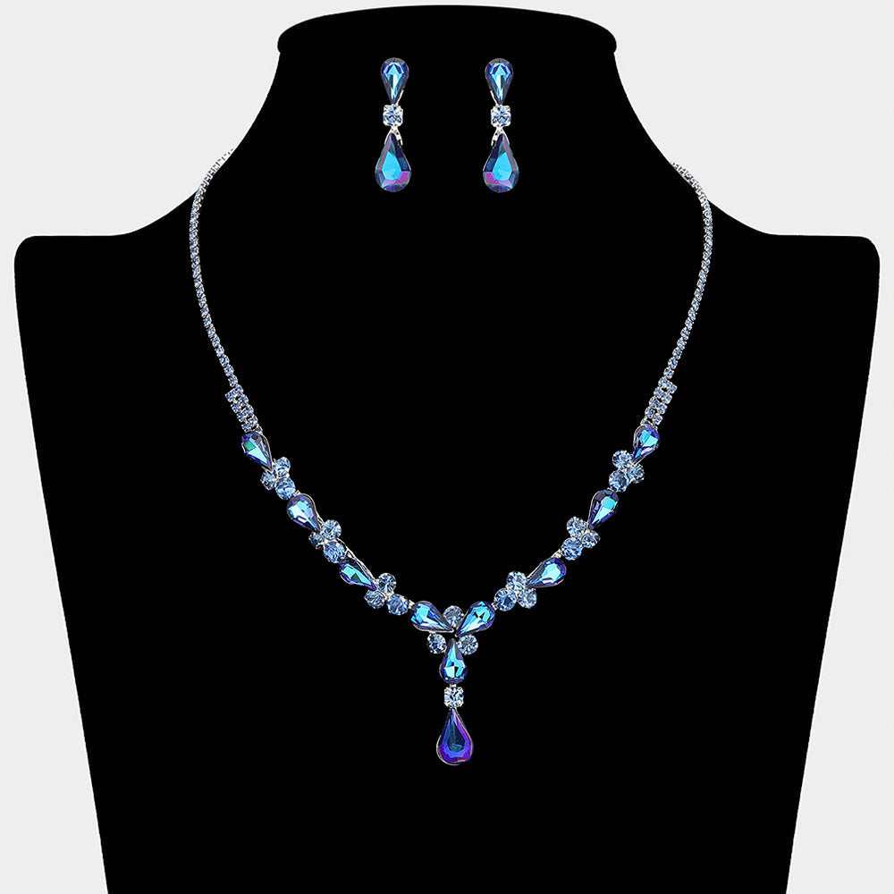 Madeline Love Sapphire, Silver Teardrop Round Stone Cluster Embellished Rhinestone Paved Necklace - Jewelry