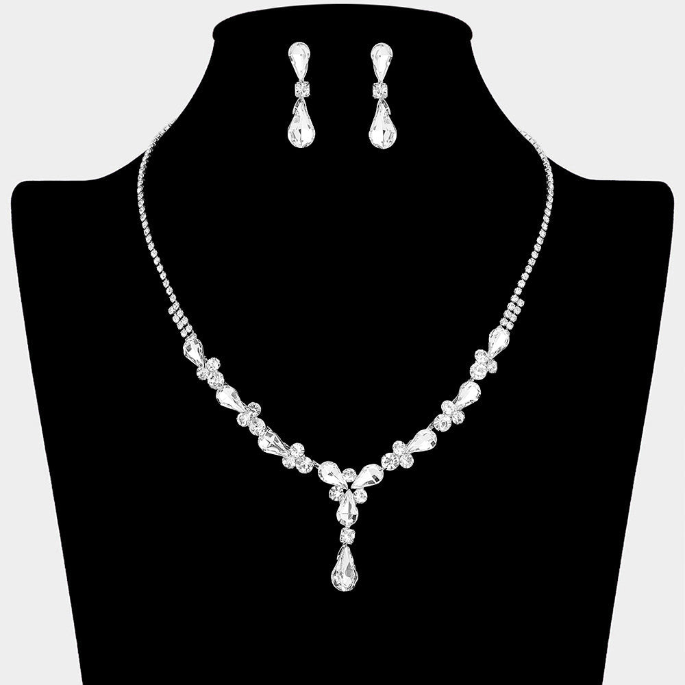 Madeline Love Clear, Silver Teardrop Round Stone Cluster Embellished Rhinestone Paved Necklace - Jewelry