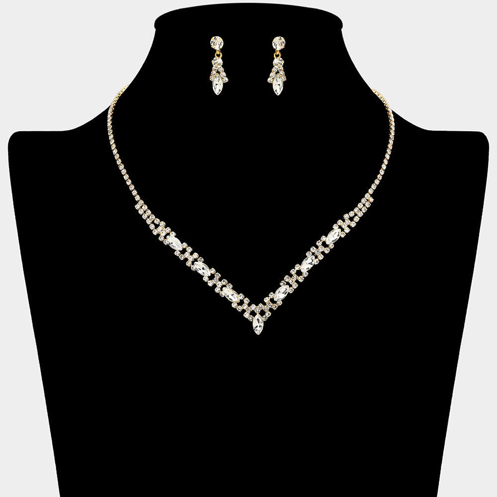 Madeline Love Clear, Gold Marquise Stone Cluster Rhinestone Paved V Shape Necklace - Jewelry