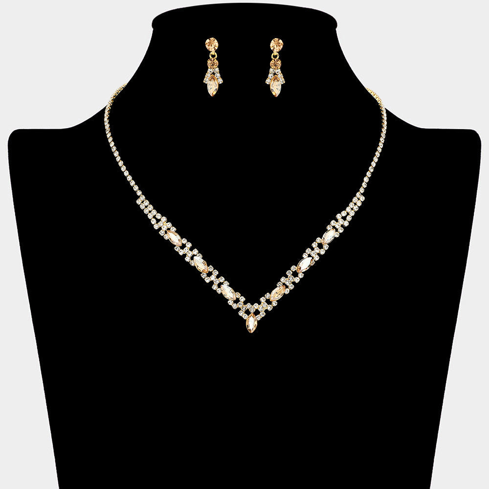 Madeline Love Gold, Lt Col Topaz Marquise Stone Cluster Rhinestone Paved V Shape Necklace - Jewelry