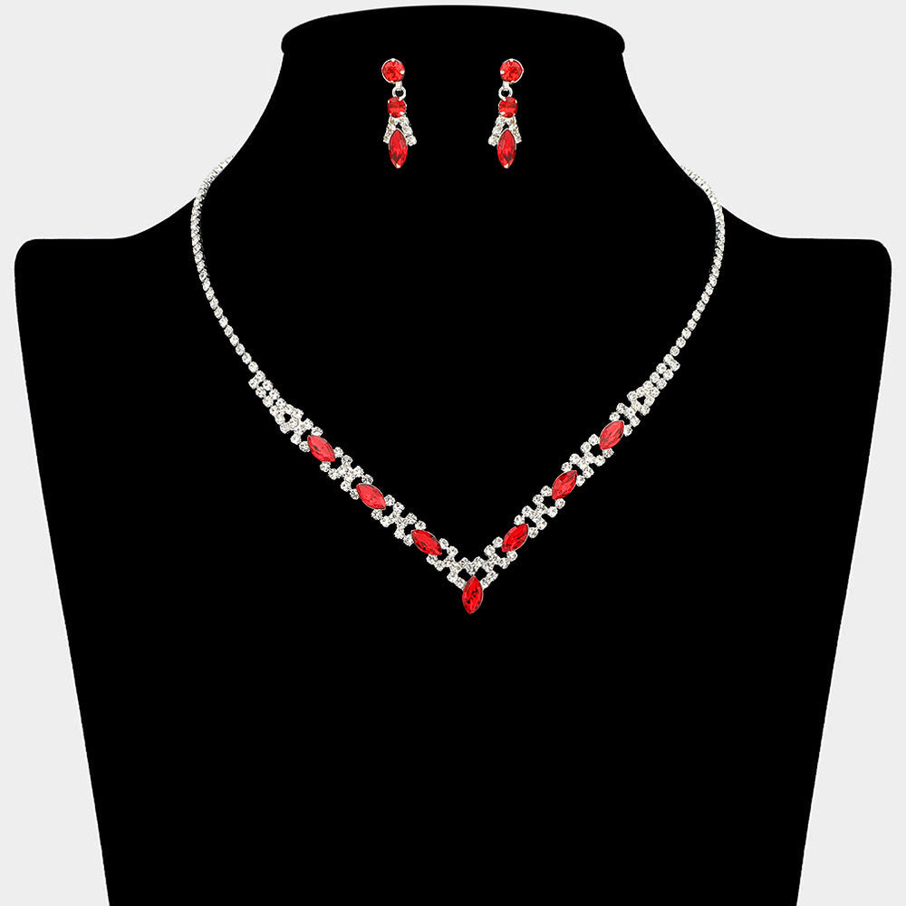 Madeline Love Red, Silver Marquise Stone Cluster Rhinestone Paved V Shape Necklace - Jewelry